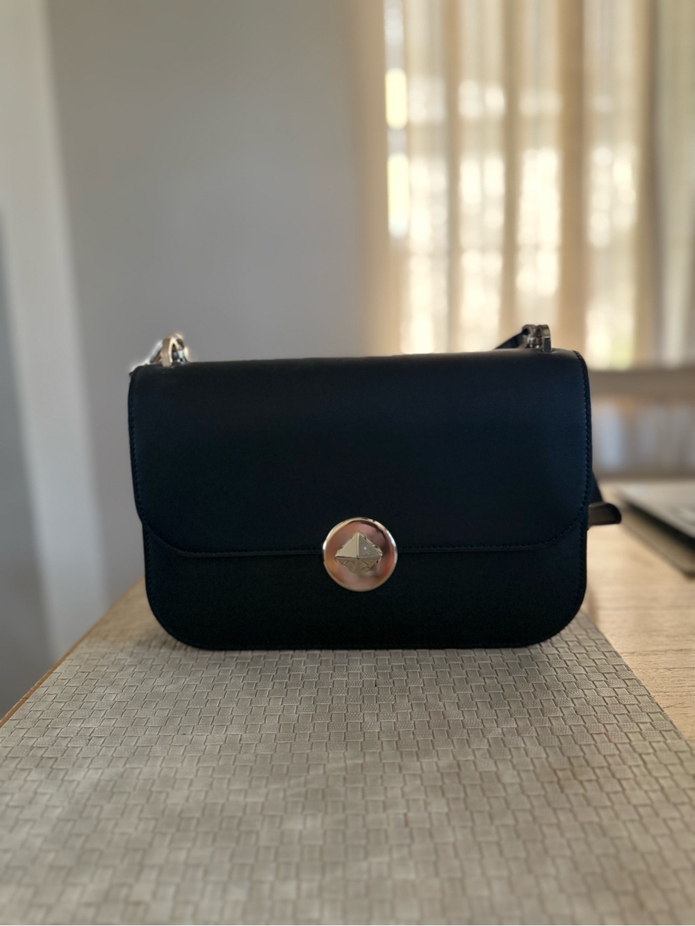 Black Leather Crossbody Bag with Gold Accent